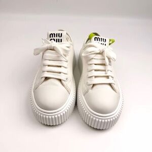 Miu Miu White Platform Sneakers with Lime Accent